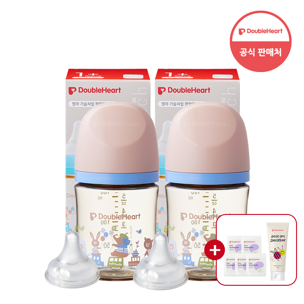 더블하트 모유실감 3세대 애니멀타운 160ml 싱글더블세트 (젖병2+S젖꼭지2)
